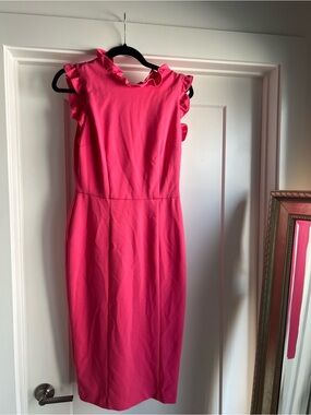 Maggy London Hot Pink Ruffle Sleeve Midi Sheath Dress